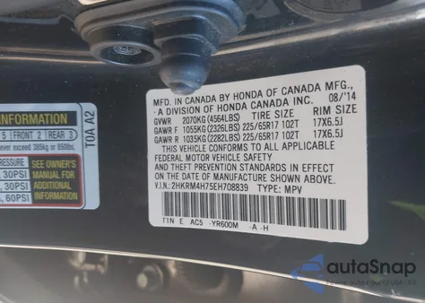 2014 Honda Cr-V Ex-L z USA, uszkodzony, nr VIN 2HKRM4H75EH708839